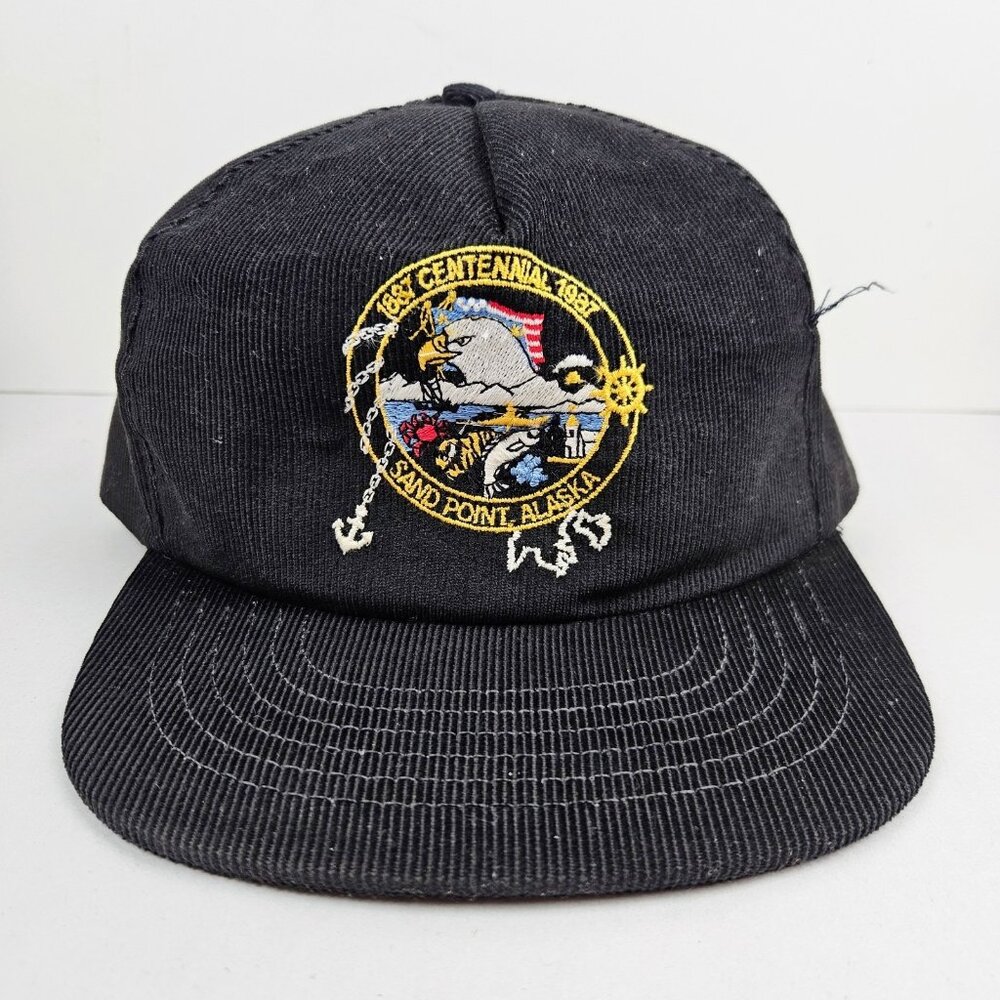 Vintage 1987 USA MADE Corduroy Sand Point Alaska Trucker Hat Snapback Cap
